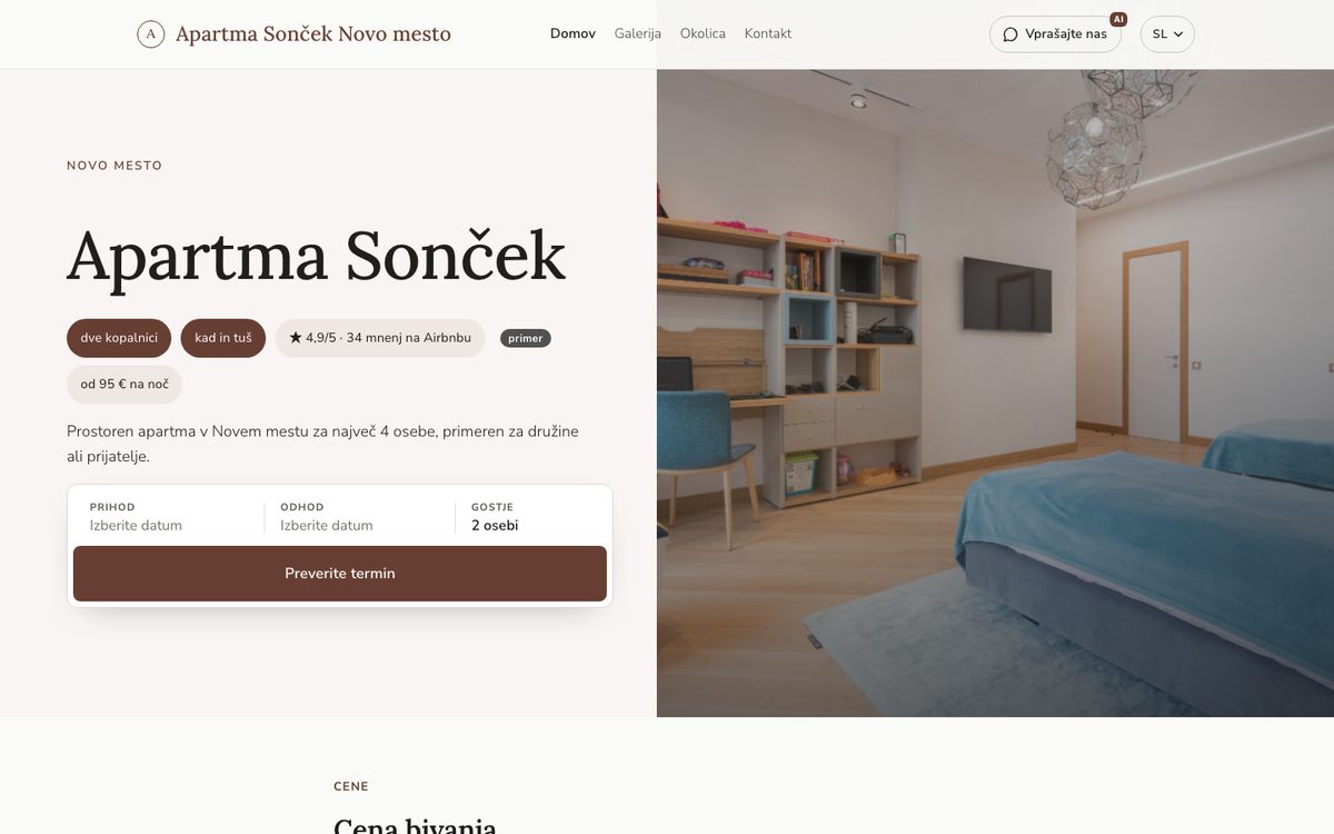 Primer strani za apartma v Novem mestu s fotografijami samo notranjosti