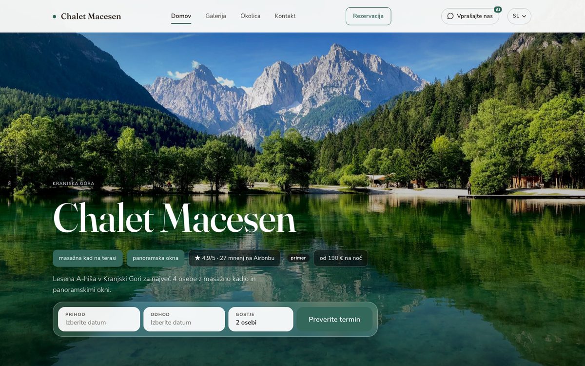Primer strani za chalet v Kranjski Gori