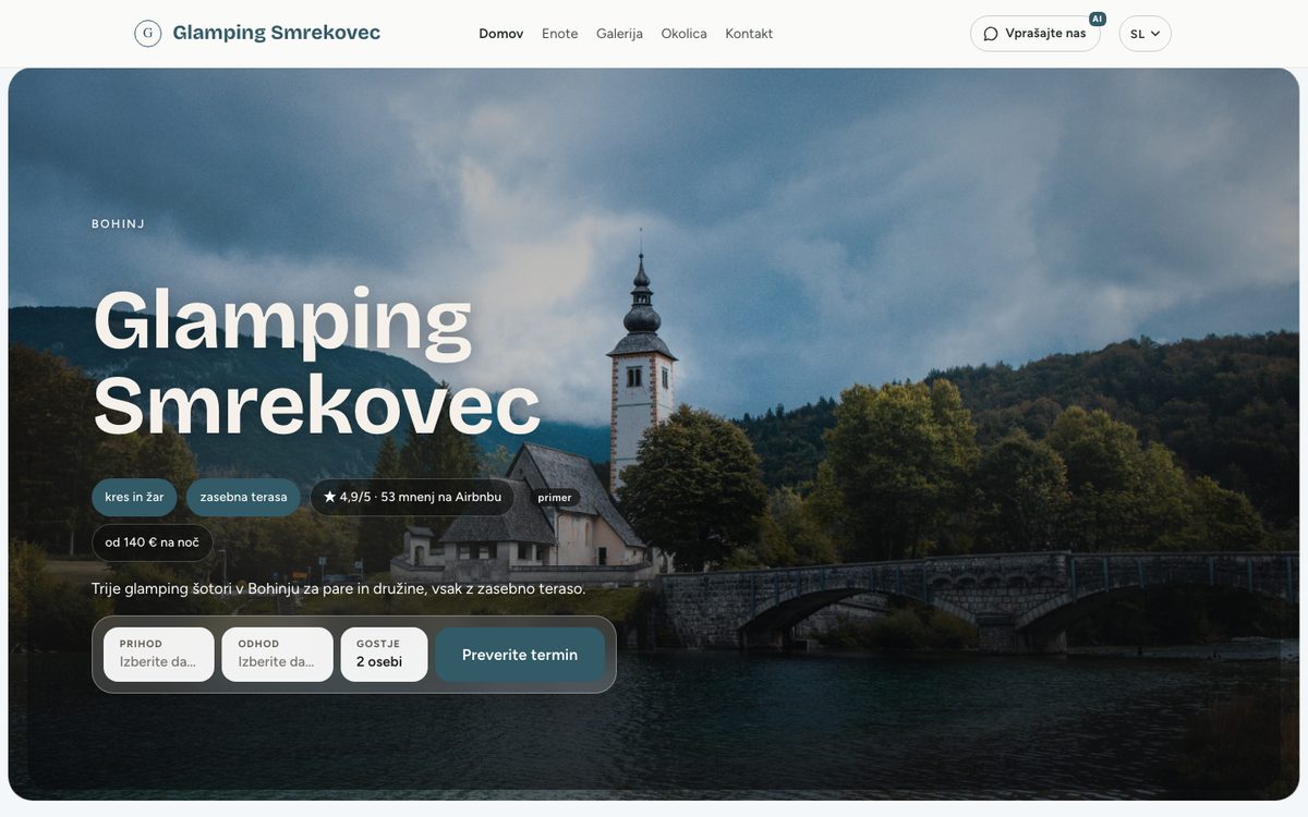 Primer strani za glamping v Bohinju