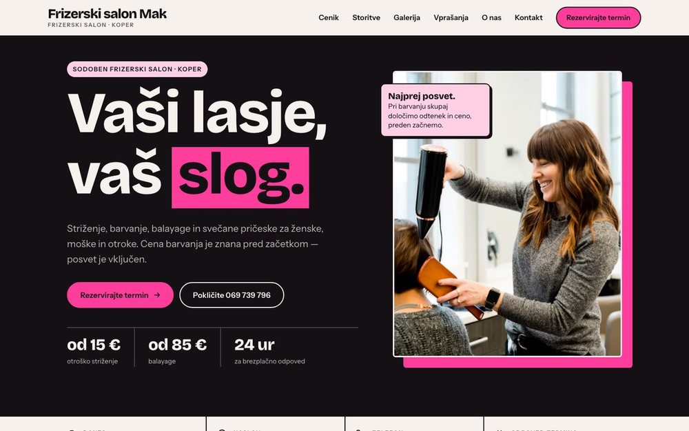 Primer spletne strani za frizerski salon