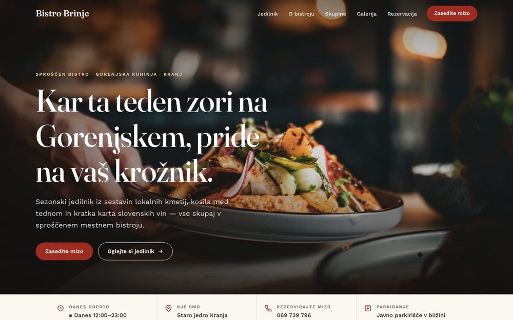 Primer spletne strani za restavracijo